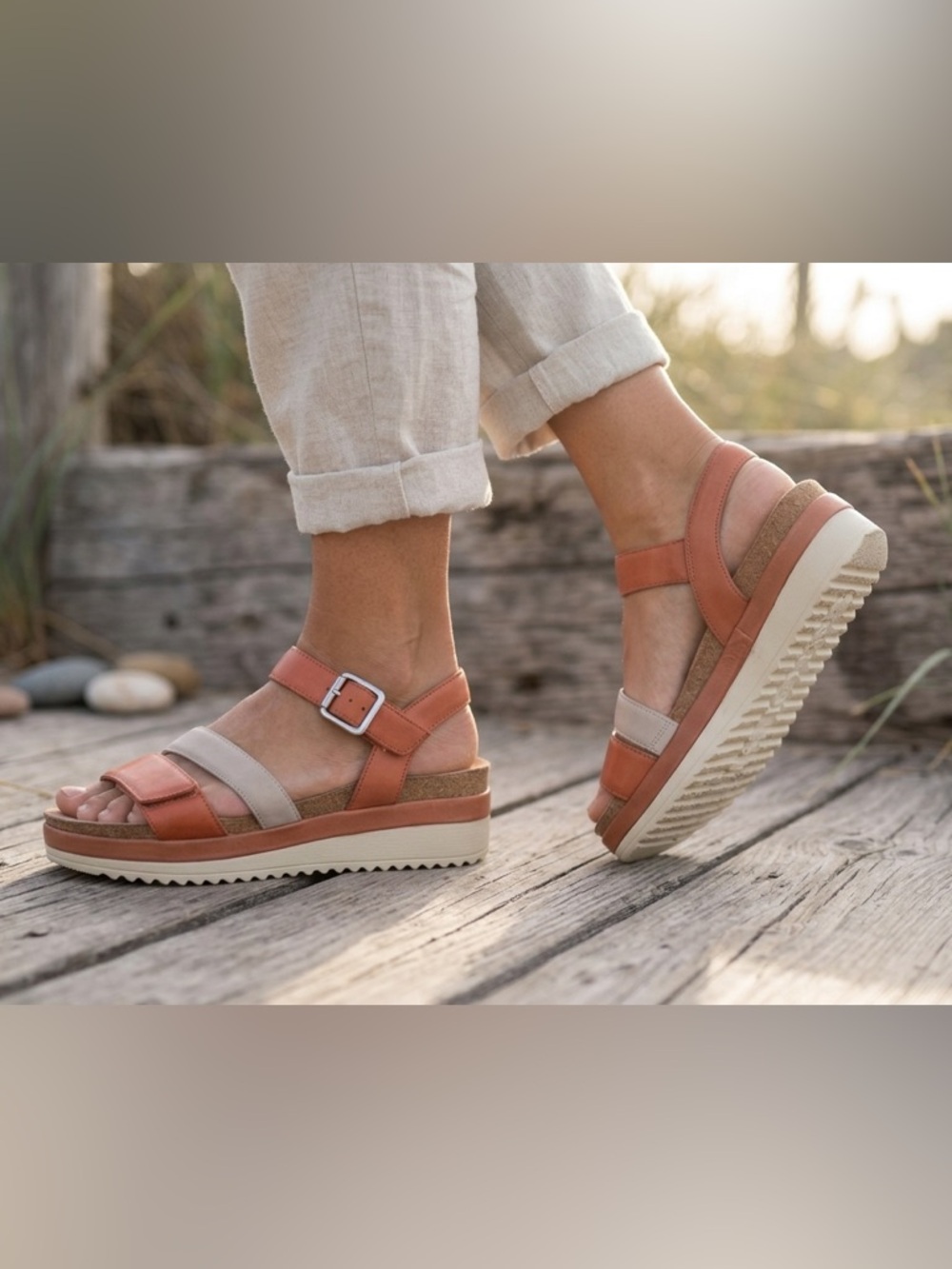 BRIOSO Women's Two-Tone Coral & Beige Platform Sandals | Adjustable Ankle Strap